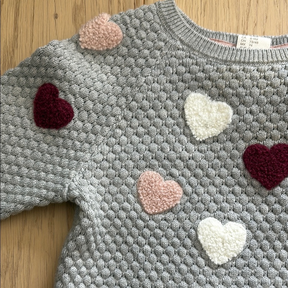 2/$15 H&M Baby Girl Grey and Pink Hearts Knit Sweater - Picture 5 of 7